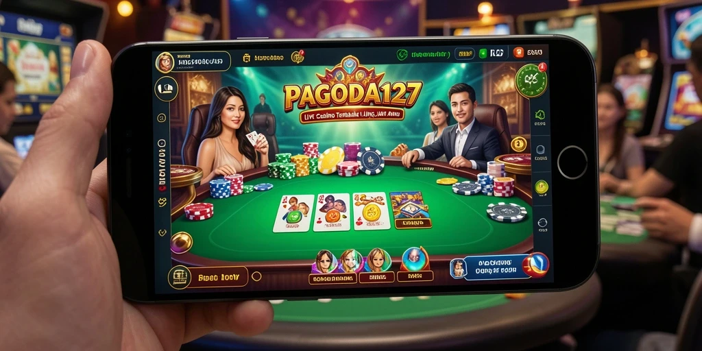 Screenshot gameplay PAGODA127 yang menunjukkan dealer langsung dan suasana kasino.
