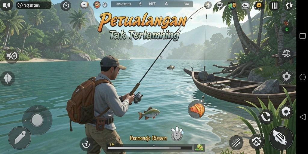 Tampilan menarik dari gameplay V07 saat memancing di danau.